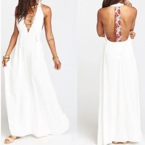 SMYM Voyage White Lace Up V Neck HalterFloral Embroidery T Strap Maxi Dress SzS